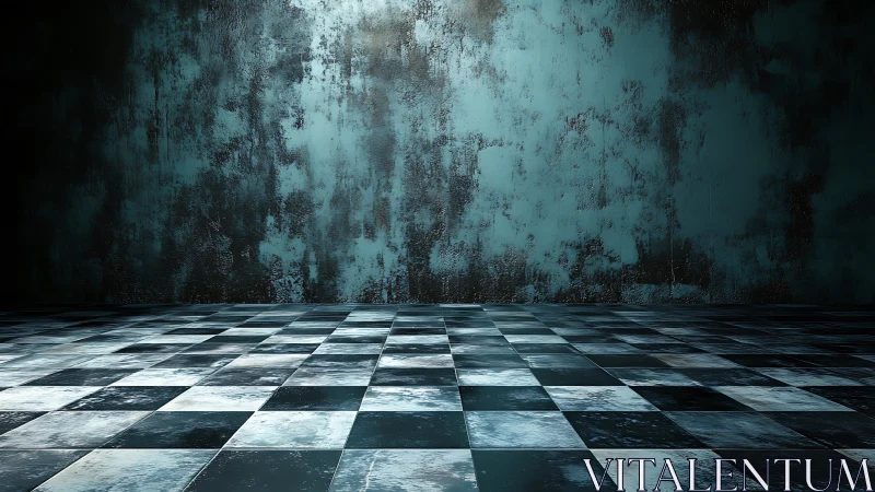 Aged checkered floor extends toward distressed teal wall plane
