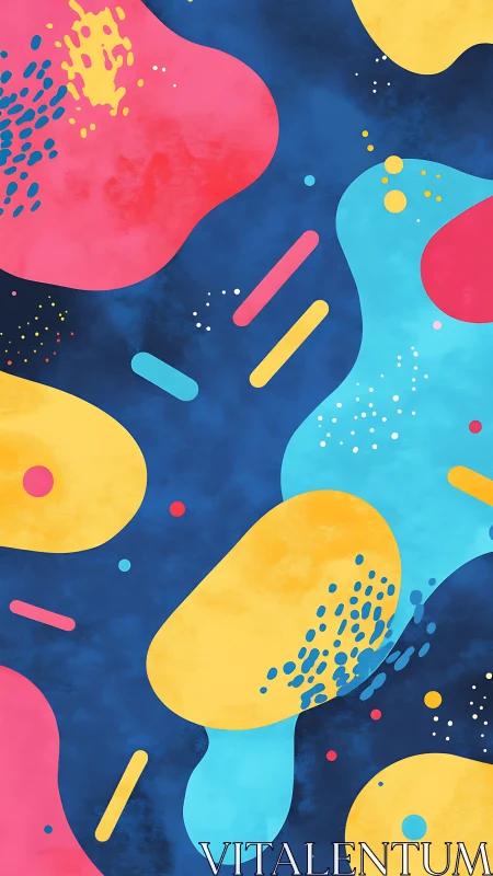 Playful neon blobs drift across deep blue cosmic currents.