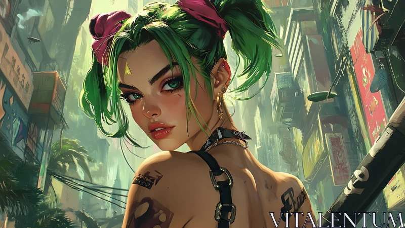 Neon alley rebel girl with emerald hair and urban fire gaze.