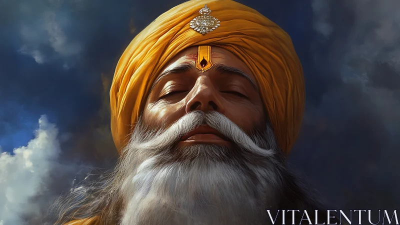 Golden-turbaned elder in meditative close-up under stormy sky