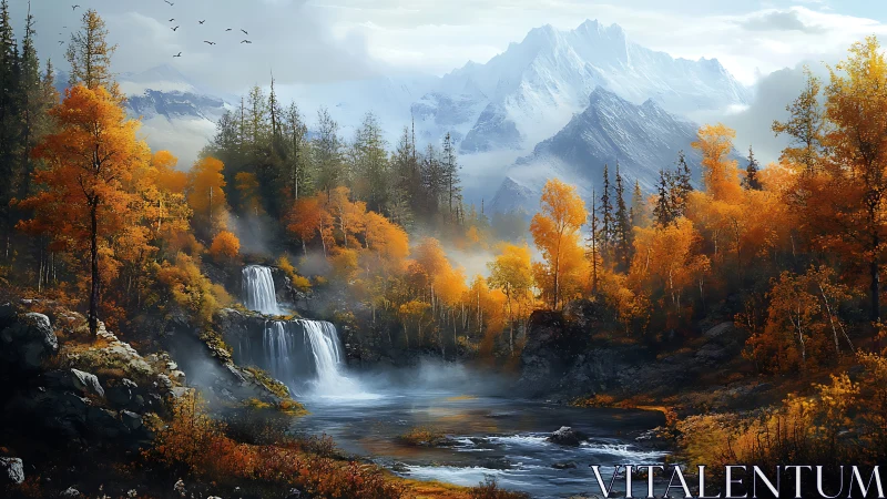 Golden autumn waterfall flows beneath towering snowy peaks