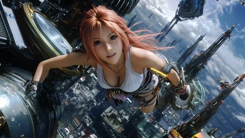 Fearless sky diver glides through a bright futuristic cityscape