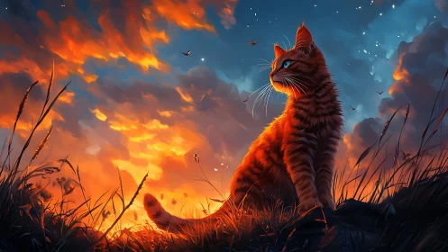 Fiery Red Cat Silhouette Against Dramatic Sunset Sky.