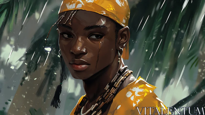 Portrait of youth in rain with yellow headscarf and beads.