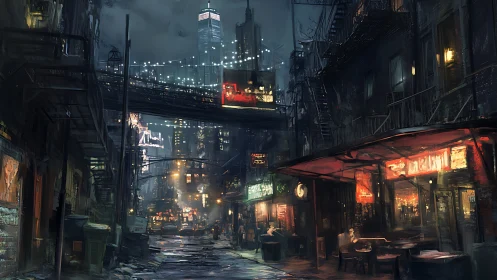 Moody neon city alleyway glowing with late night life.