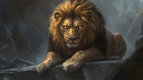 Powerful lion with glowing eyes on rocky ledge at dusk.