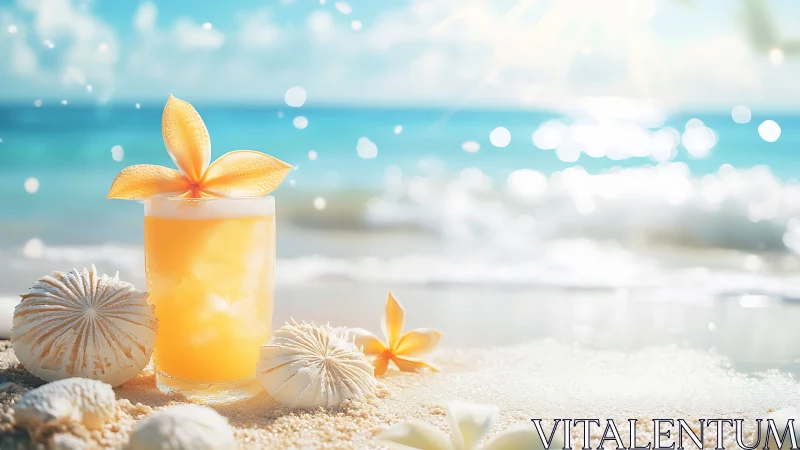 Tropical beverage on sand beach with citrus flowers and shells