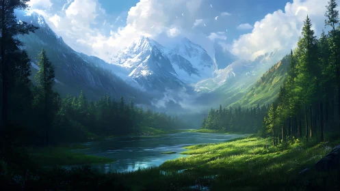 Glacial alpine valley lake beneath sunlit snowcapped peaks