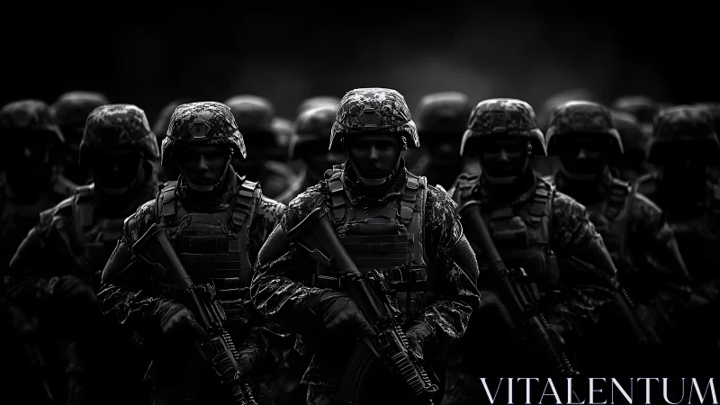 Low-key formation of armed infantry soldiers in tactical gear
