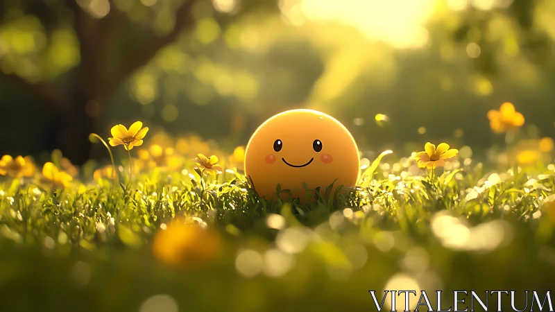 Sunlit smiley quietly blooms among bright meadow flowers