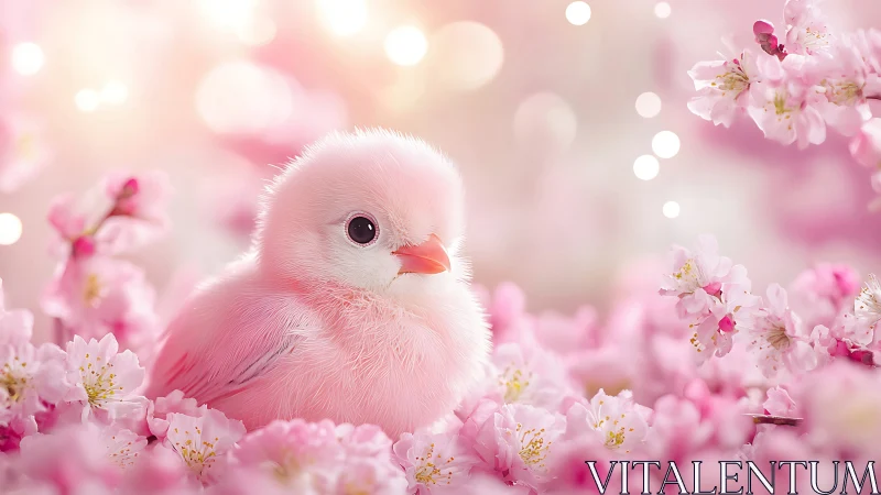 Adorable Pink Chick Surrounded by Delicate Blossoms.