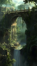 Ancient stone bridge above jungle river and waterfall.