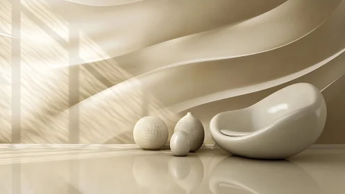 Parametric cream lounge with glossy surfaces and soft caustic lighting