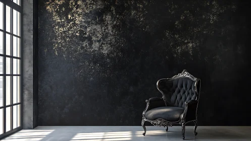 Ornate black armchair set against textured dark wall