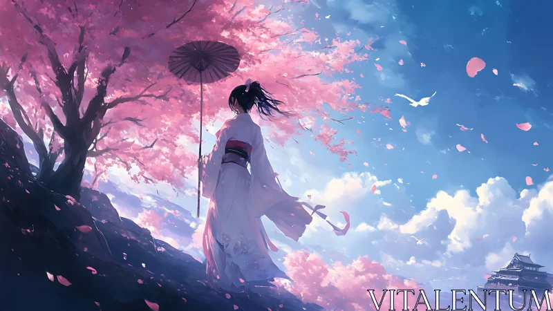 Sakura hillside with kimono figure in dynamic atmospheric perspective.