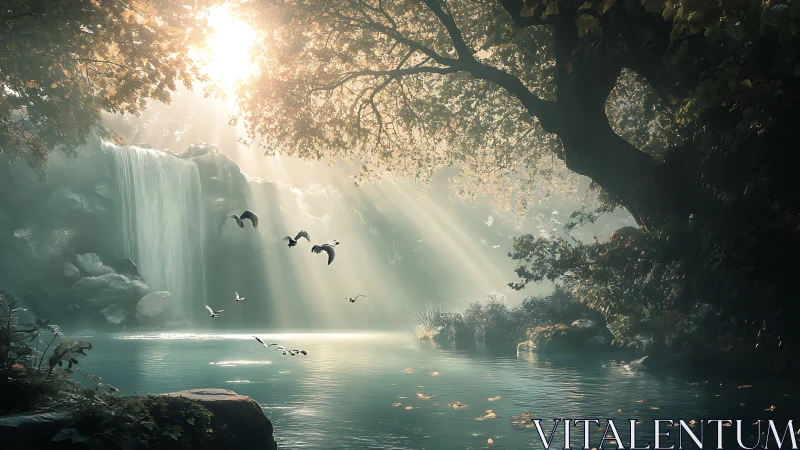 Luminous forest waterfall pool in ethereal digital painting.
