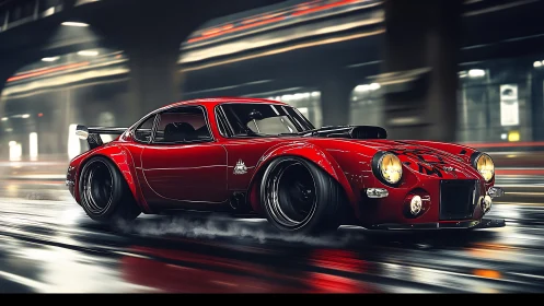 Widebody red sports coupe drifts through neon urban tunnel at speed