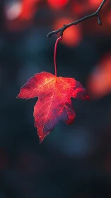Scarlet maple leaf suspended on branch in soft bokeh glow.