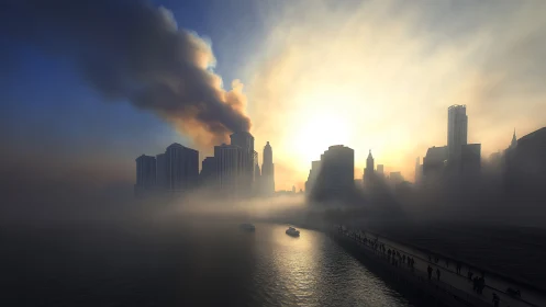 Urban waterfront skyline under dense smoke and sunrise glow.
