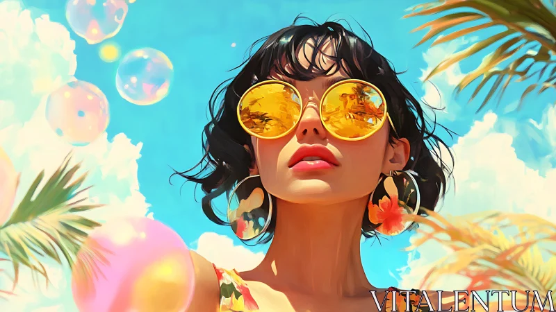 Woman in reflective sunglasses stands against blue sky backdrop