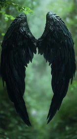Dark feathered wings suspended in misty green forest space.