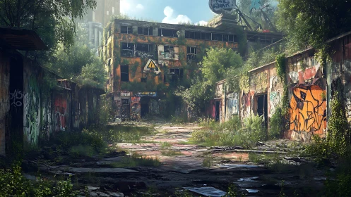 Sunlit urban ruins softened by wild greenery and color.