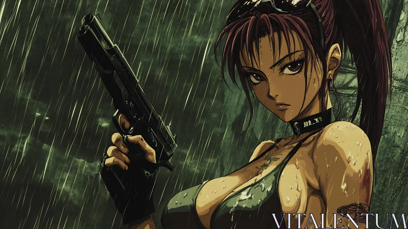 Armed female anime character in rain with handgun poised.