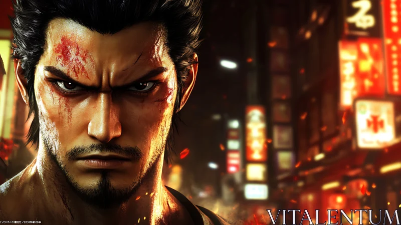 Battle-worn fighter in neon city glow at night.