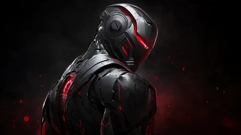 Dark armored cyborg with glowing red visor and accents.
