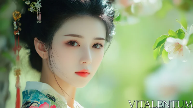Digital portrait of Hanfu woman amid soft green floral bokeh