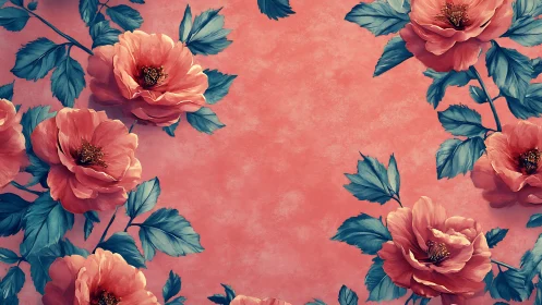 Coral Peonies Against Teal Foliage: Botanical Symmetry Study.