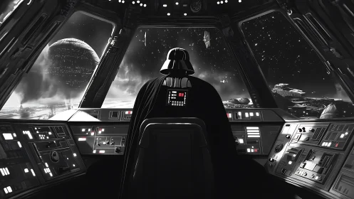 Lone dark commander surveying a silent galactic warfield.