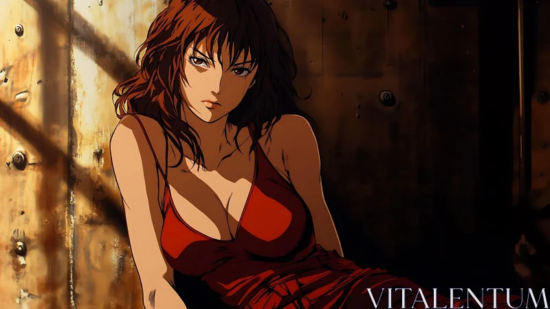 Thoughtful woman in red dress resting in warm shadows.