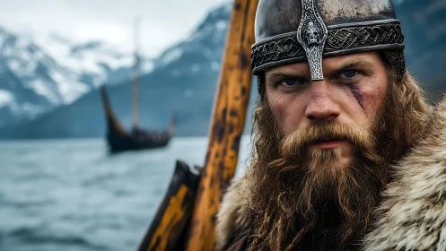 Storm-eyed Viking sentinel before frostbitten fjord horizon.