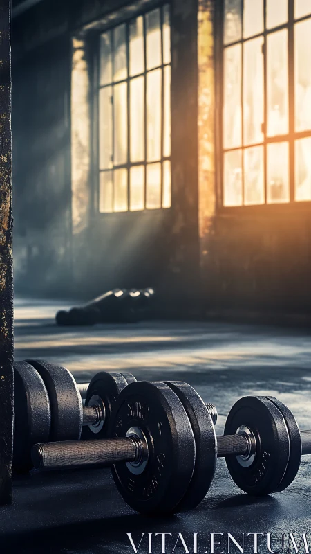 Backlit iron dumbbells lying on worn concrete gym floor at rest
