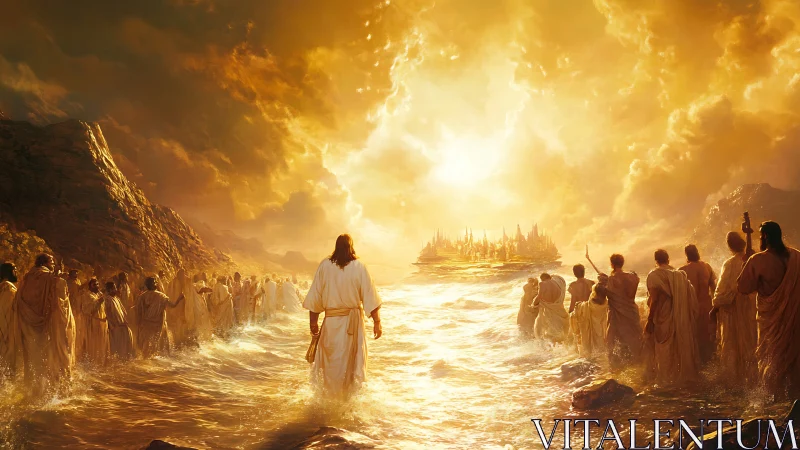 Golden robed pilgrims walk toward a radiant celestial city