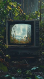 Vintage TV in overgrown ruins with bright landscape view.