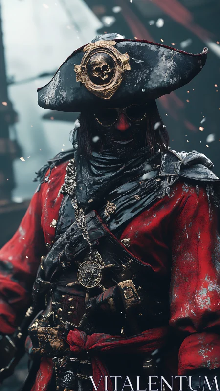 Weathered pirate captain in ornate red battle coat.