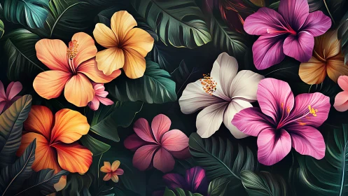 Hibiscus flowers arrangement with tropical foliage.