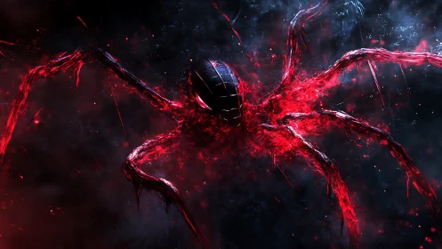 Explosive red spider entity surges through dark cosmic mist