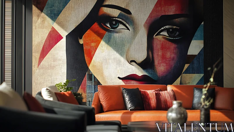 Geometric muse watching over a sunlit modern lounge wall.