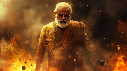 Older man in traditional clothing walking through heavy fire