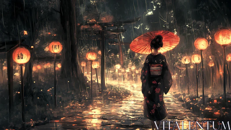 Kimono-clad figure walks lantern-lit shrine path in rain