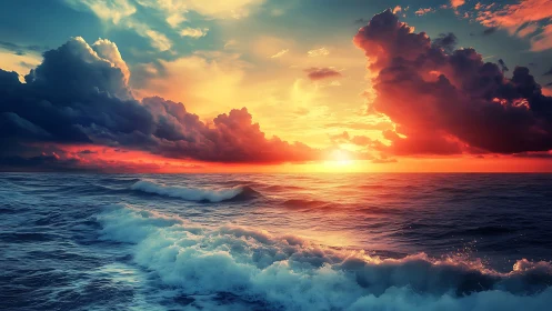 Dramatic digital seascape with sunset sky and waves.