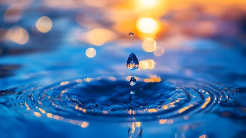 Macro water droplet splash with sunset bokeh reflections captured