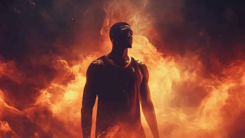 Digital basketball hero in blazing inferno spotlighted.