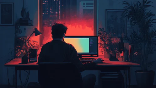 Night coder at neon window forging colors from code.