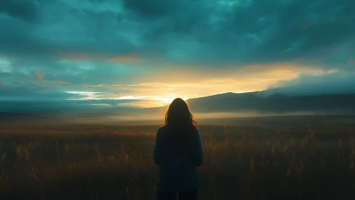 Solitary observer under stormlit sunrise across open fields.