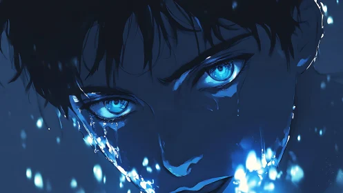 Intense blue-eyed portrait with luminescent digital tears at night