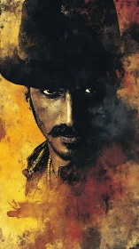Gritty western gunslinger portrait in smoky textured shadow.